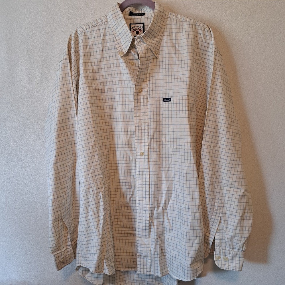 Faconnable Albert Goldberg Mens XL Button Down‎ Shirt Cream Windowpane Cotton